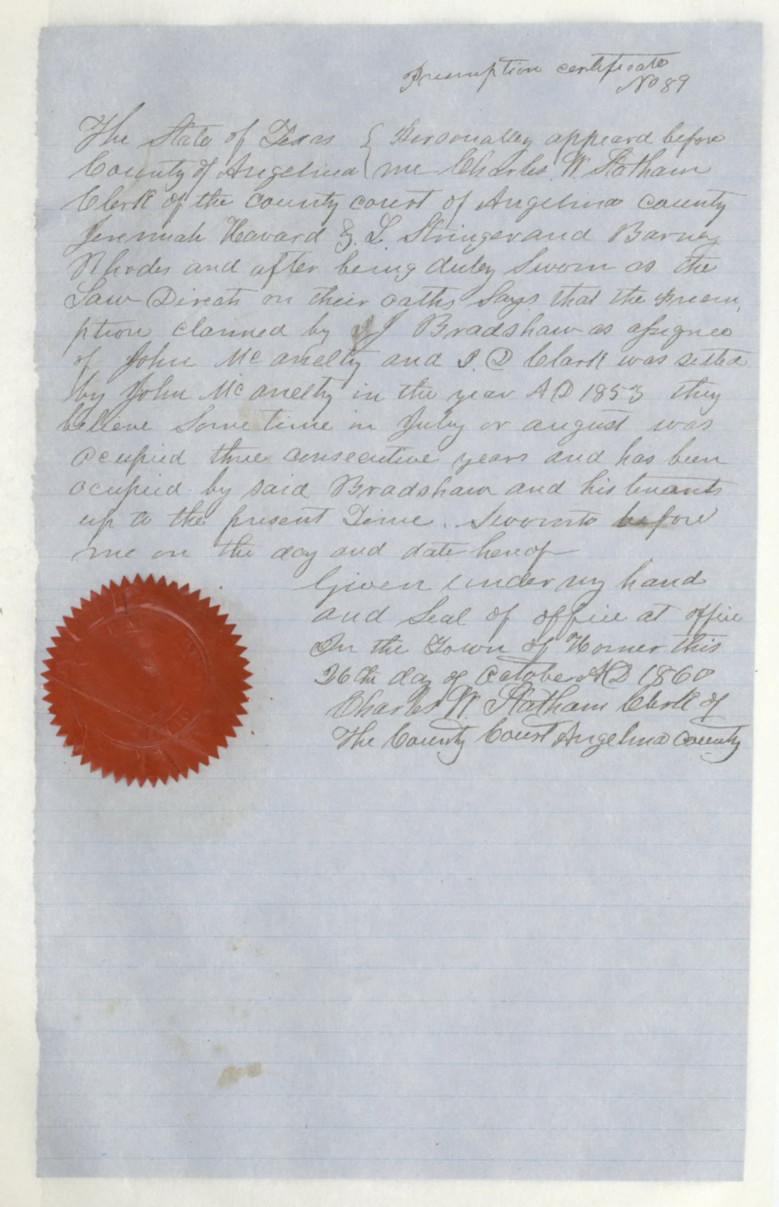 Clark, Isaac D Original Cursive Land Grant & Field Notes (Angelina County, Abstract A-160)